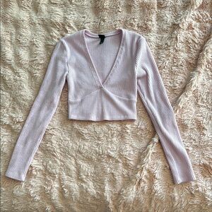 Ribbed V-Neck Long Sleeve Cropped Top - Pink